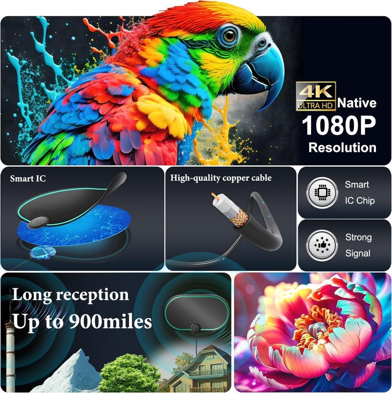 QTEANCOOL TV Antenna for Smart TV Indoor,HD Digital TV Antennas Long Range Signal Reception Up to 900 Miles, Support 4K 1080p All TVs,Easy Installation, Tv Receiver for Local Channels 10ft HDTV Coax Cable - Image 3